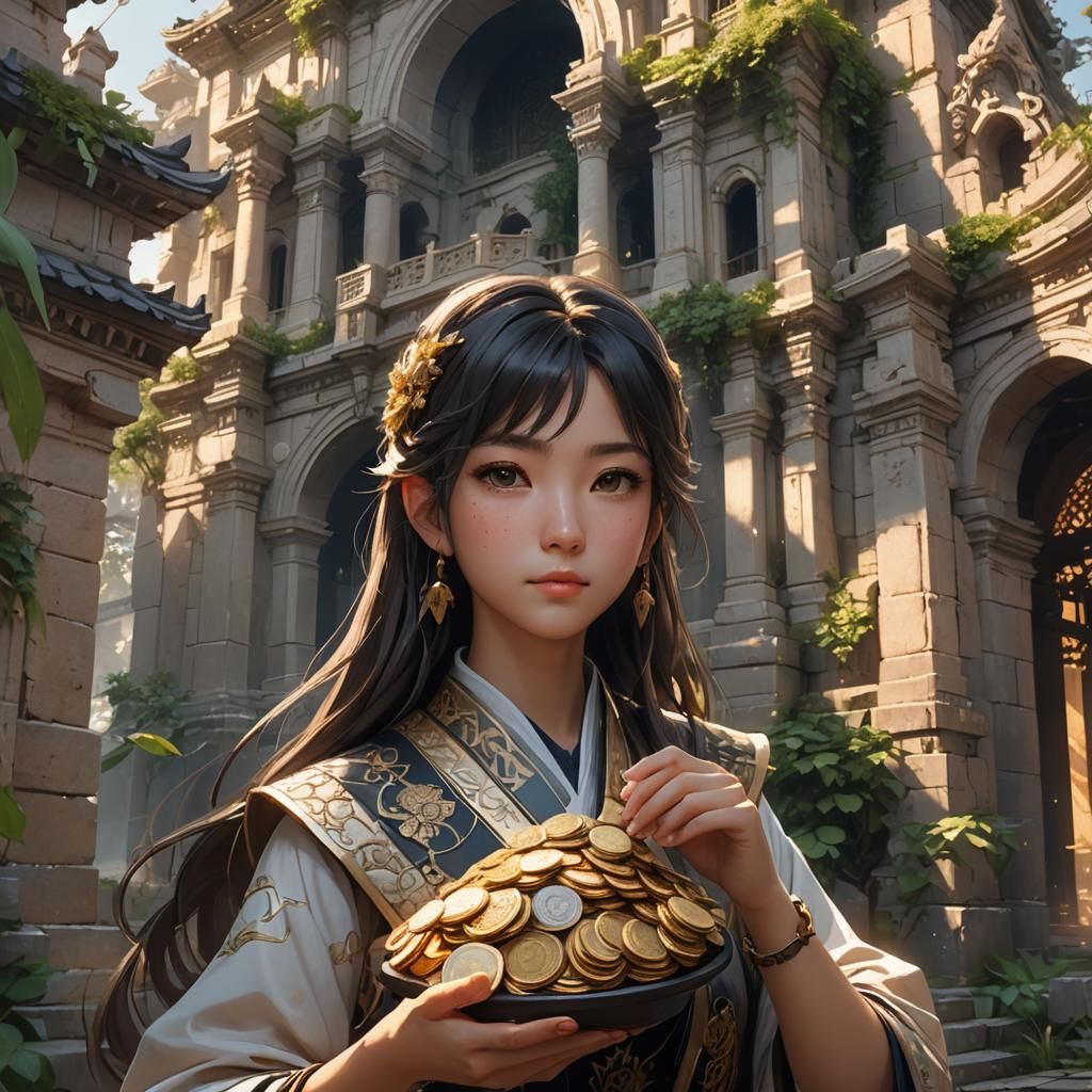 Anime Woman with Coins in Ancient Ruins