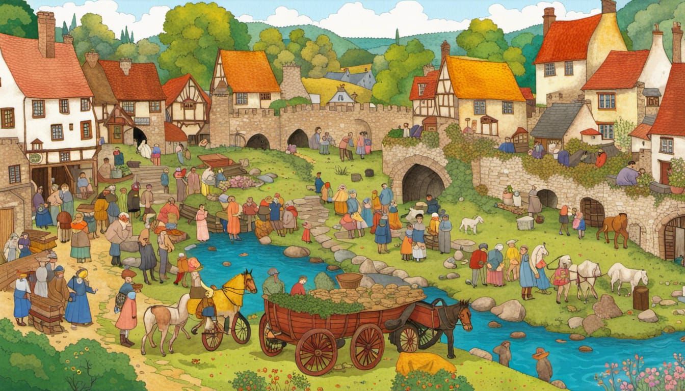 Medieval Village in Henry Darger Style