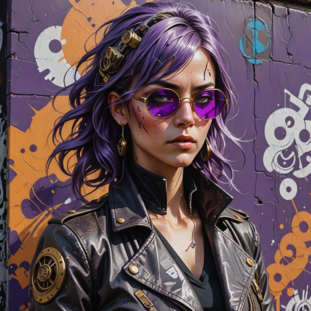 Steampunk Woman with an eye patch with purple and silver hair wearing a leather jacket with brass embellishments