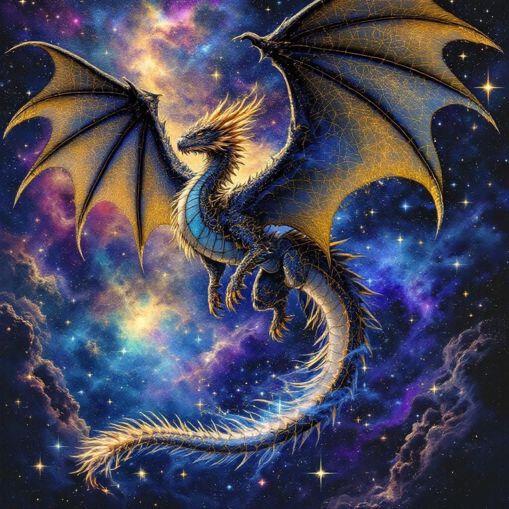 Dragon Soaring Through Galaxy in Surreal Space Art