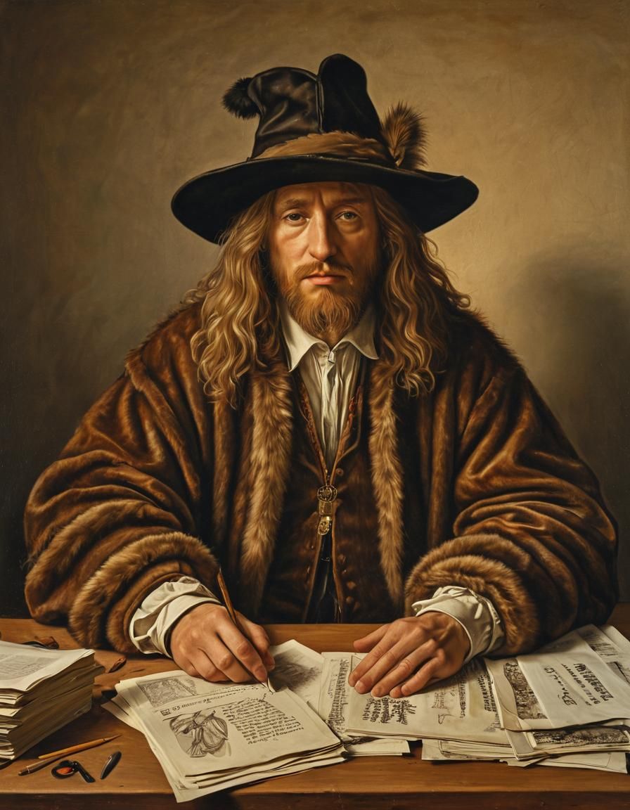 Renaissance Man at Desk in Oil Painting Style