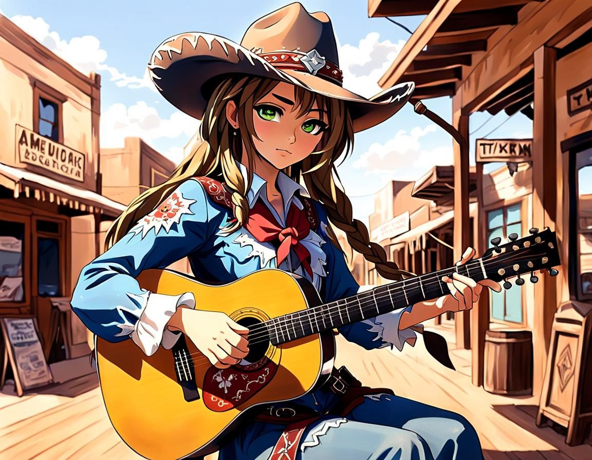 Anime Cowgirl Plays Guitar in Texas Town