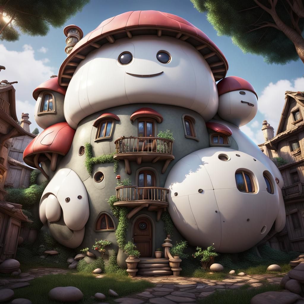 Baymax Style Mushroom House, Hyperrealistic Art