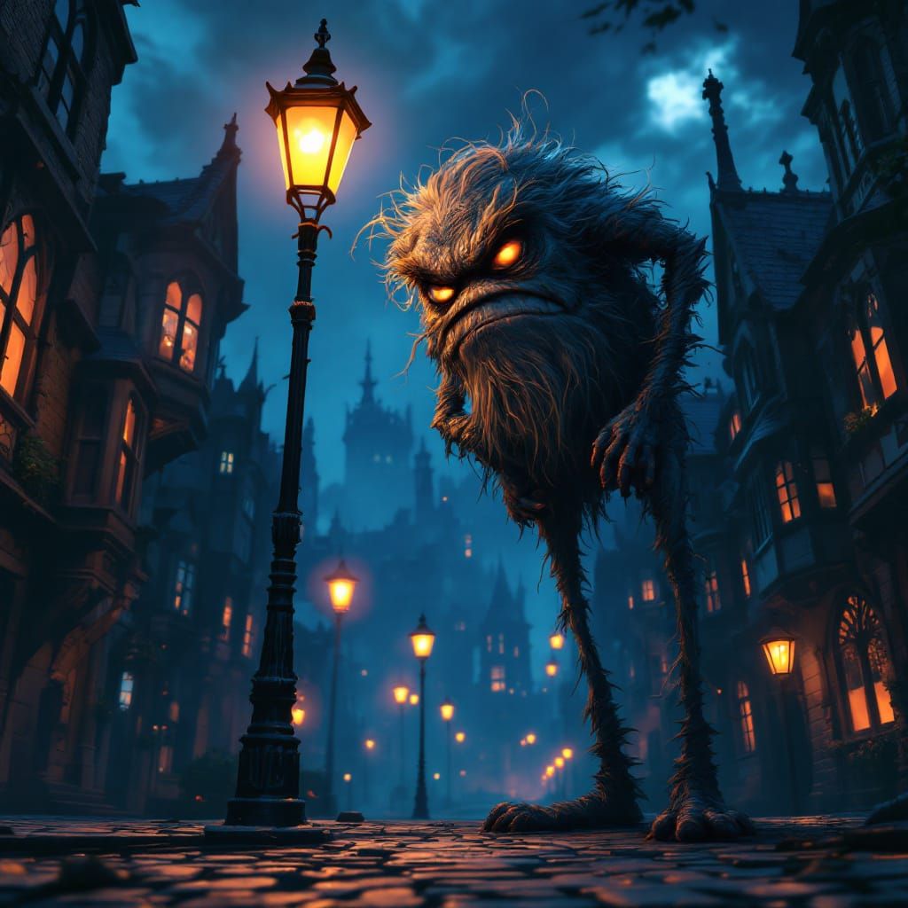 Grumpy Streetlight Character Glaring on Cobblestone Night St...