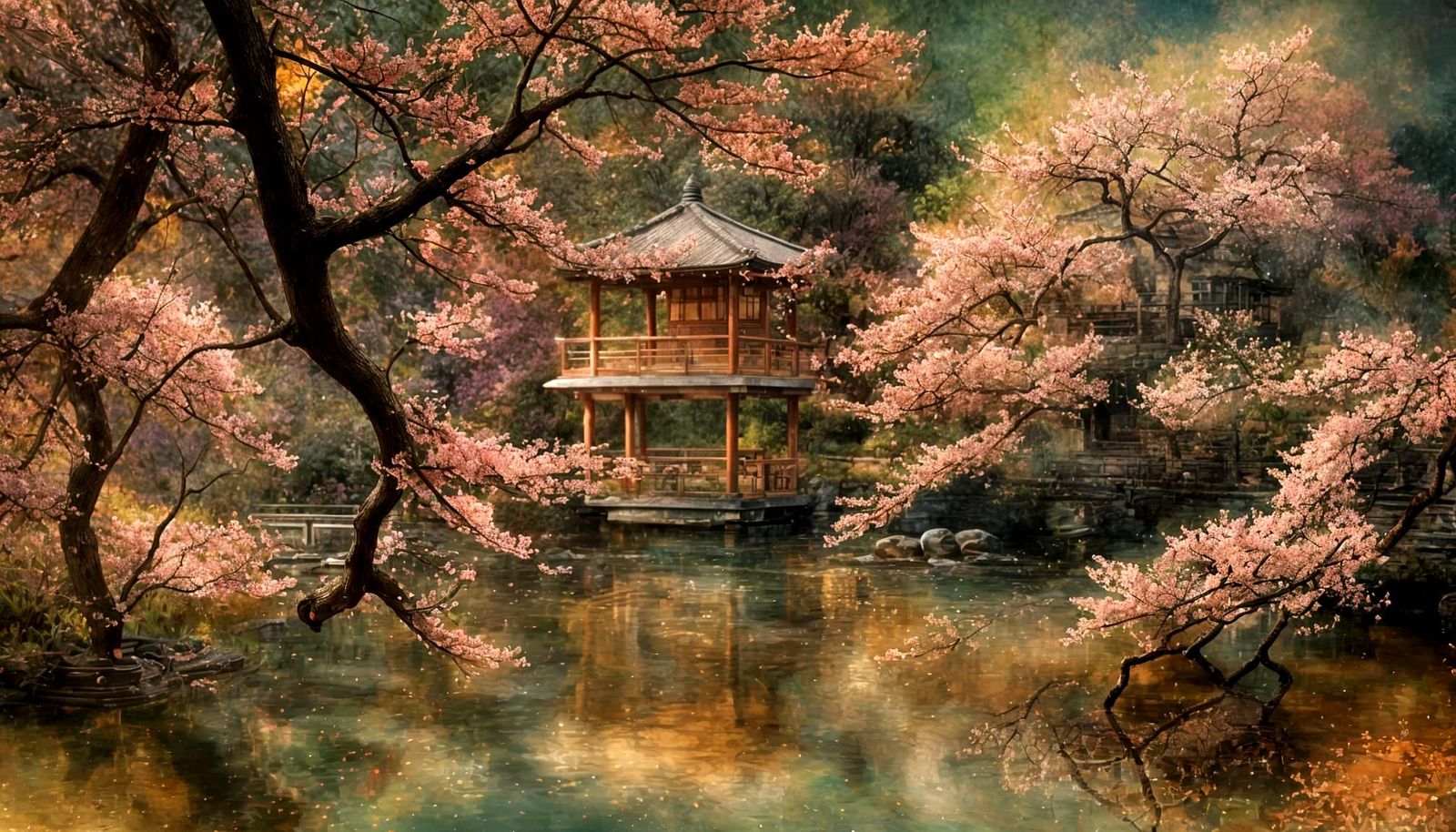 Peaceful Japanese Temple Garden at Sunset