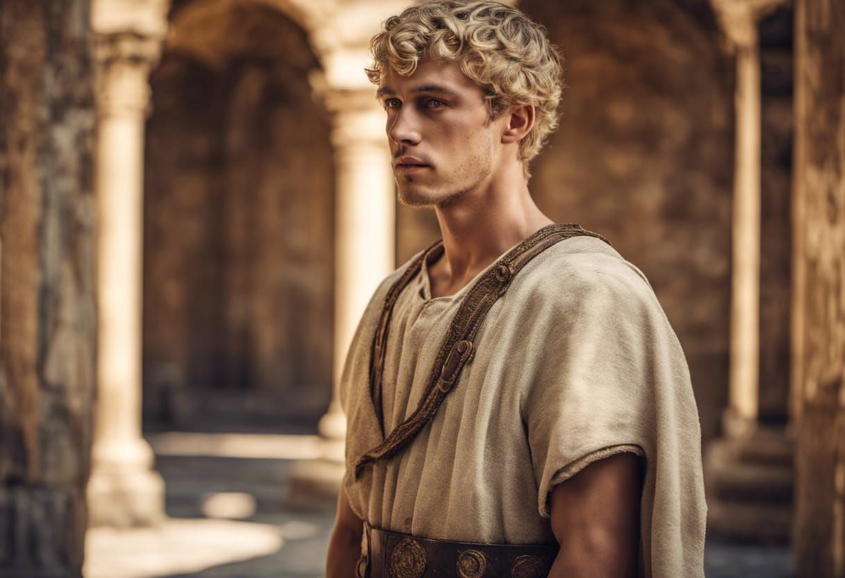 Young Man in Roman Tunic: Hyperrealistic HDR Portrait