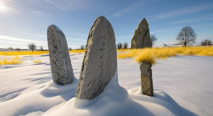 Runic Stone Carvings in Snowy Landscape, Hyperrealism