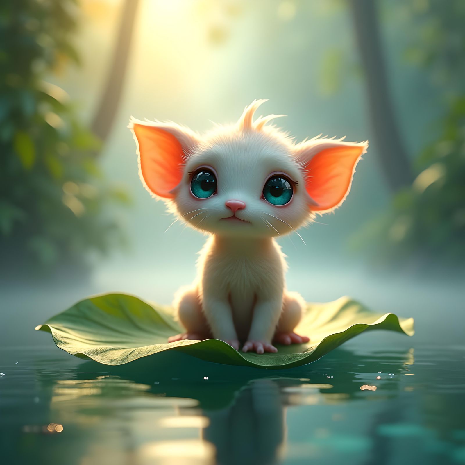 Cute Creature with Blue Eyes on Leaf