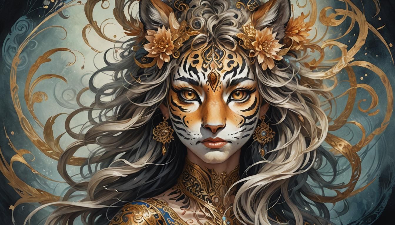 Fantasy Tiger Girl Portrait in Watercolor Style