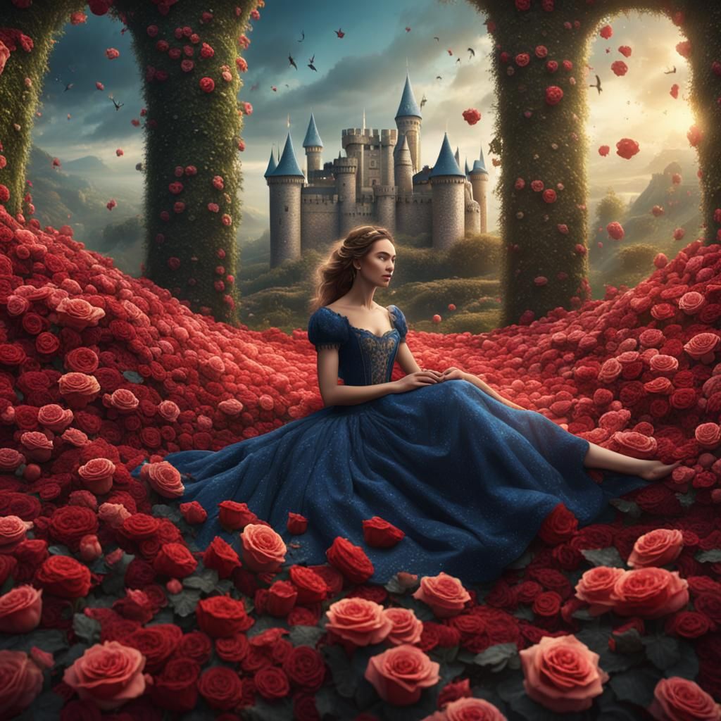 Woman in Rose Bed with Castle: Fantasy Art