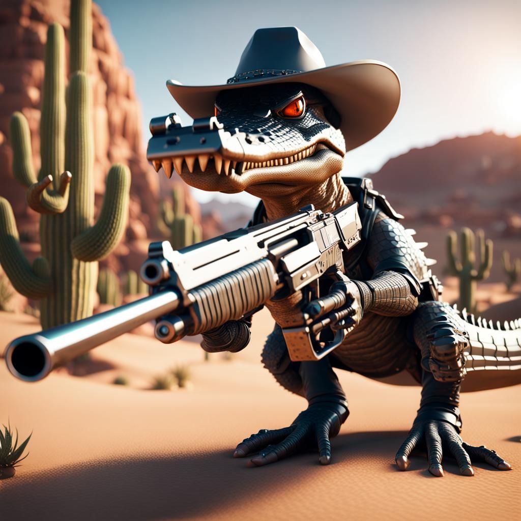 Futuristic Cowboy Crocodile in Desert Scene