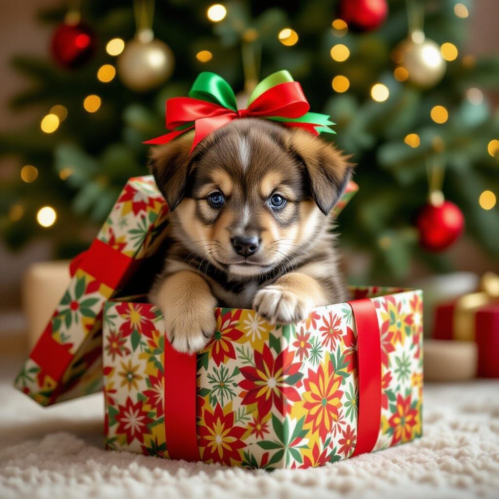 Brown Puppy Peeking from a Colorful Gift Box