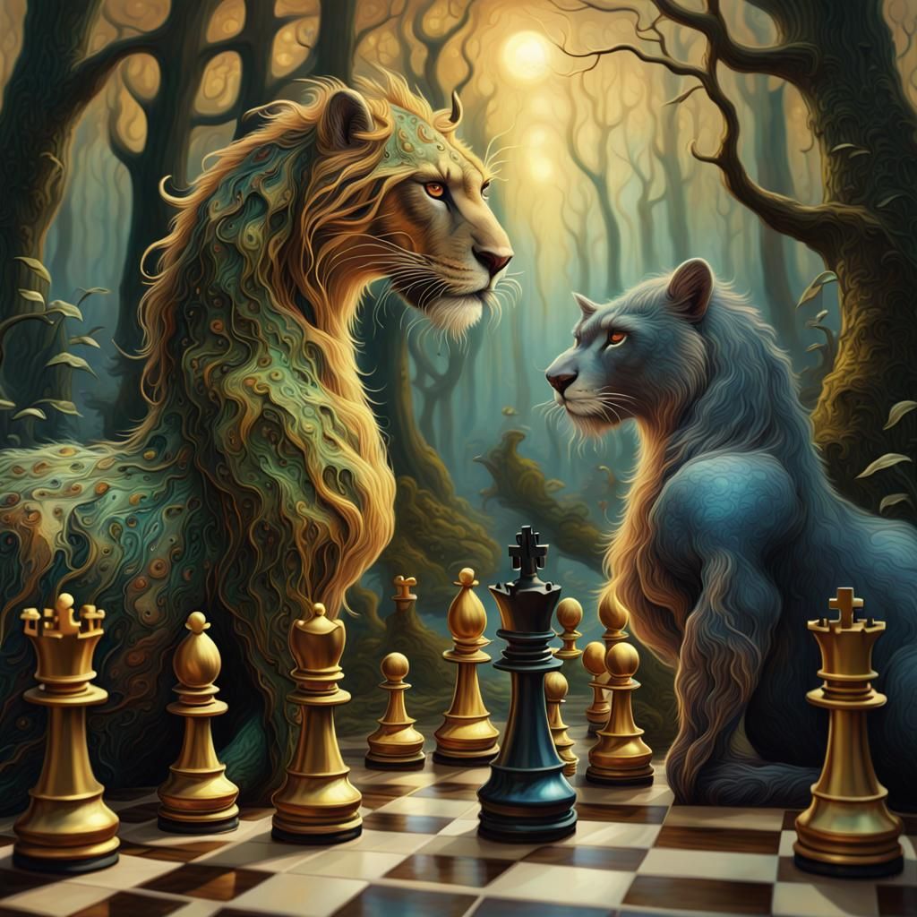 Surreal Animal Chess Game in Klimt Style