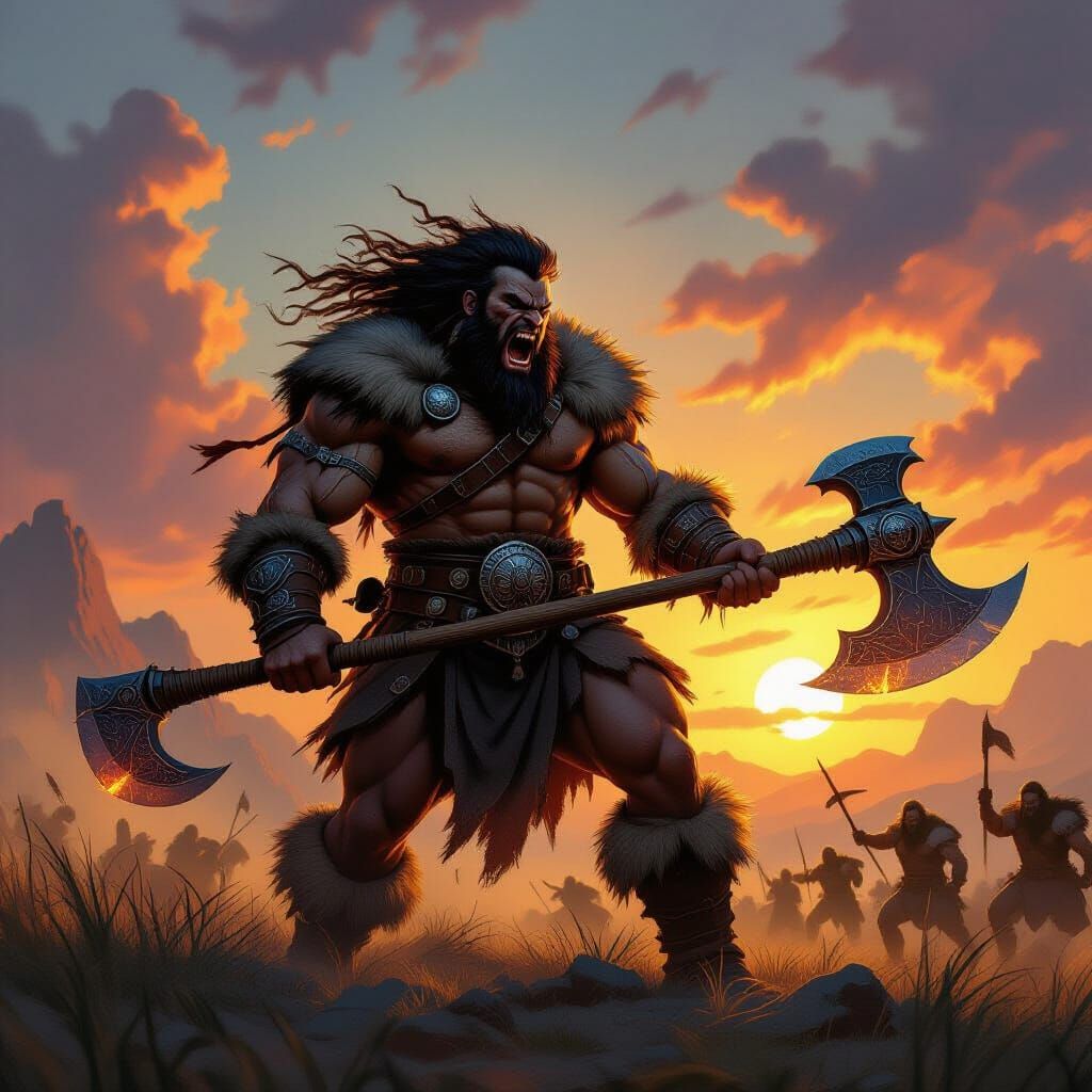 Rugged Barbarian on Fantasy Battlefield at Dusk