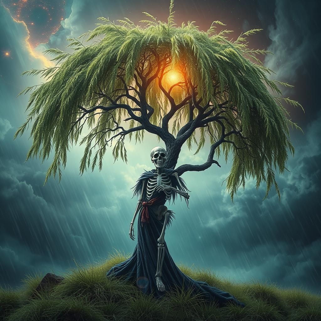 Medieval Skeleton in Storm, Holographic Illustration