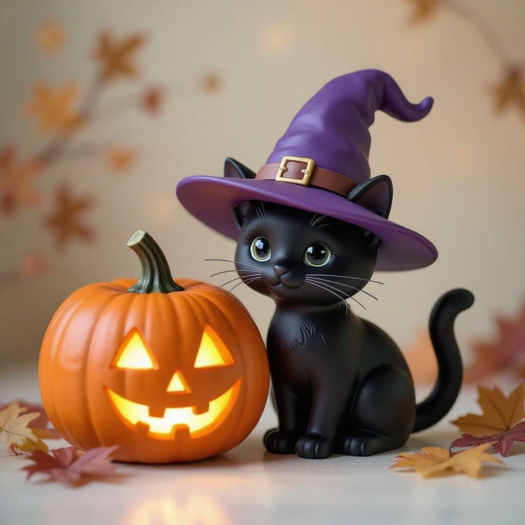 Precious Moments Style Black Cat With Witch Hat