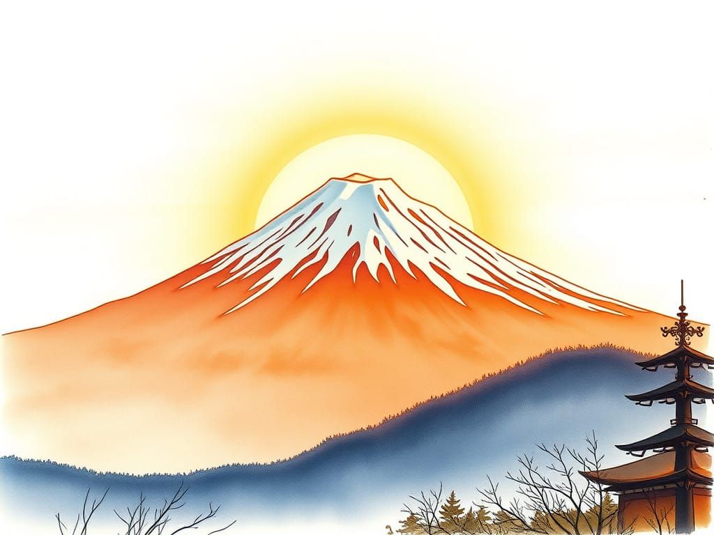 Surreal Golden Sunrise Mount Fuji in Moebius-Inspired Comic...