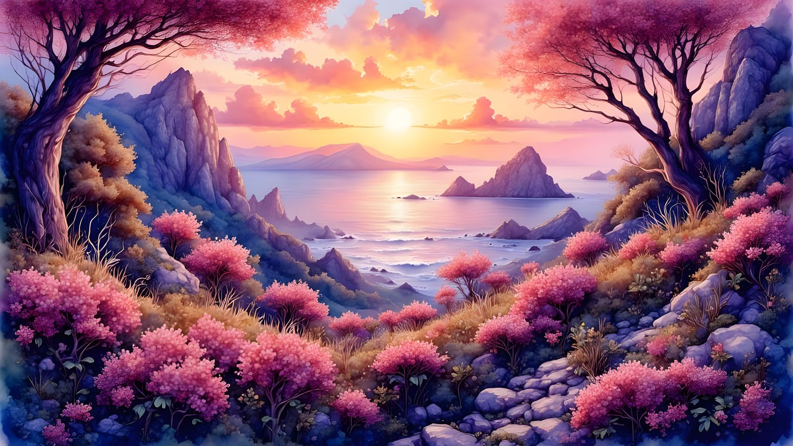 Sunrise Mountainscape with Blooming Bushland and Ocean