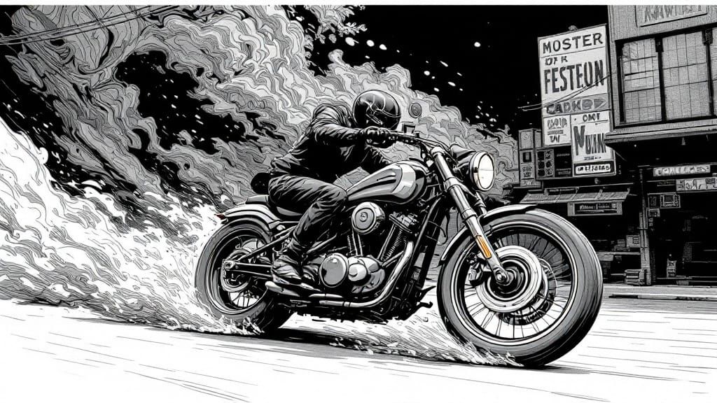 Moody Motorcycle Chase in Elegant, Expressive Ink Style