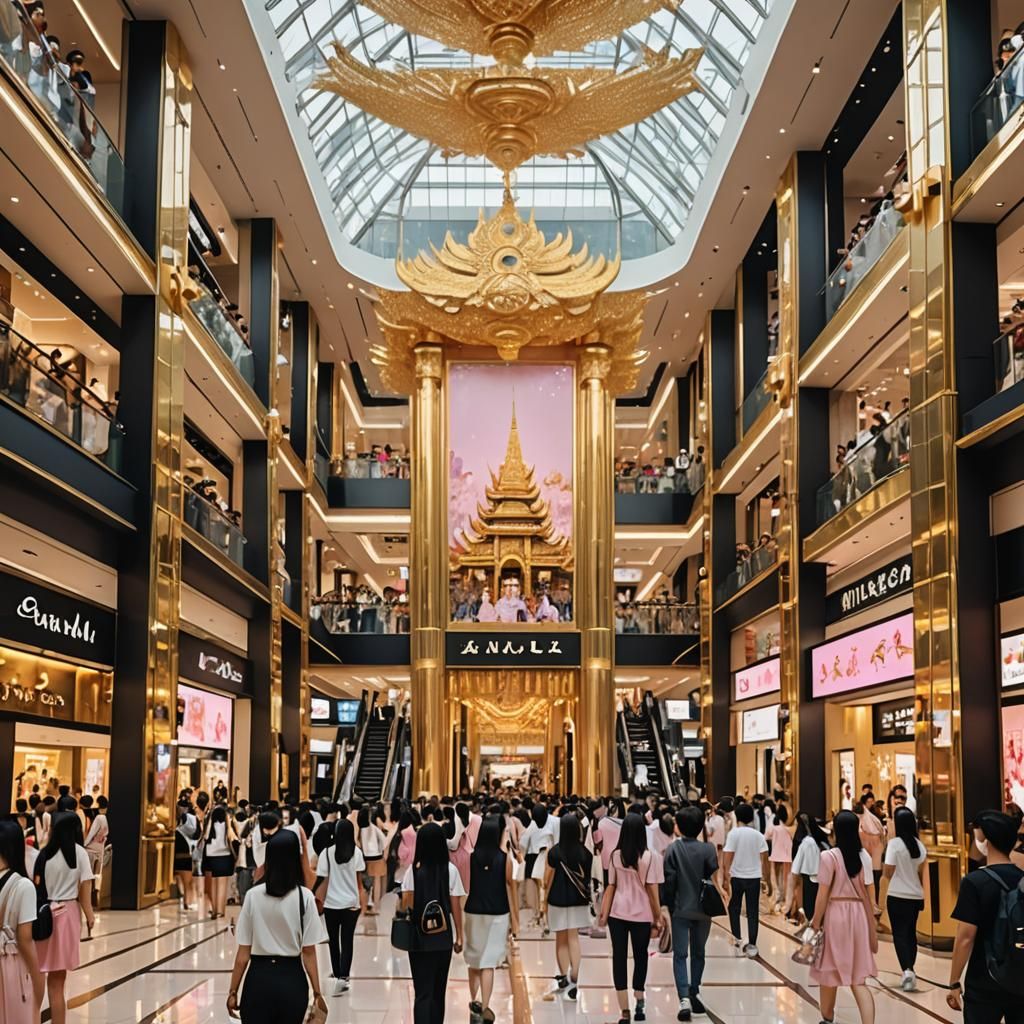 Bangkok Mall: Anime-Style Crowd in Modern Architecture