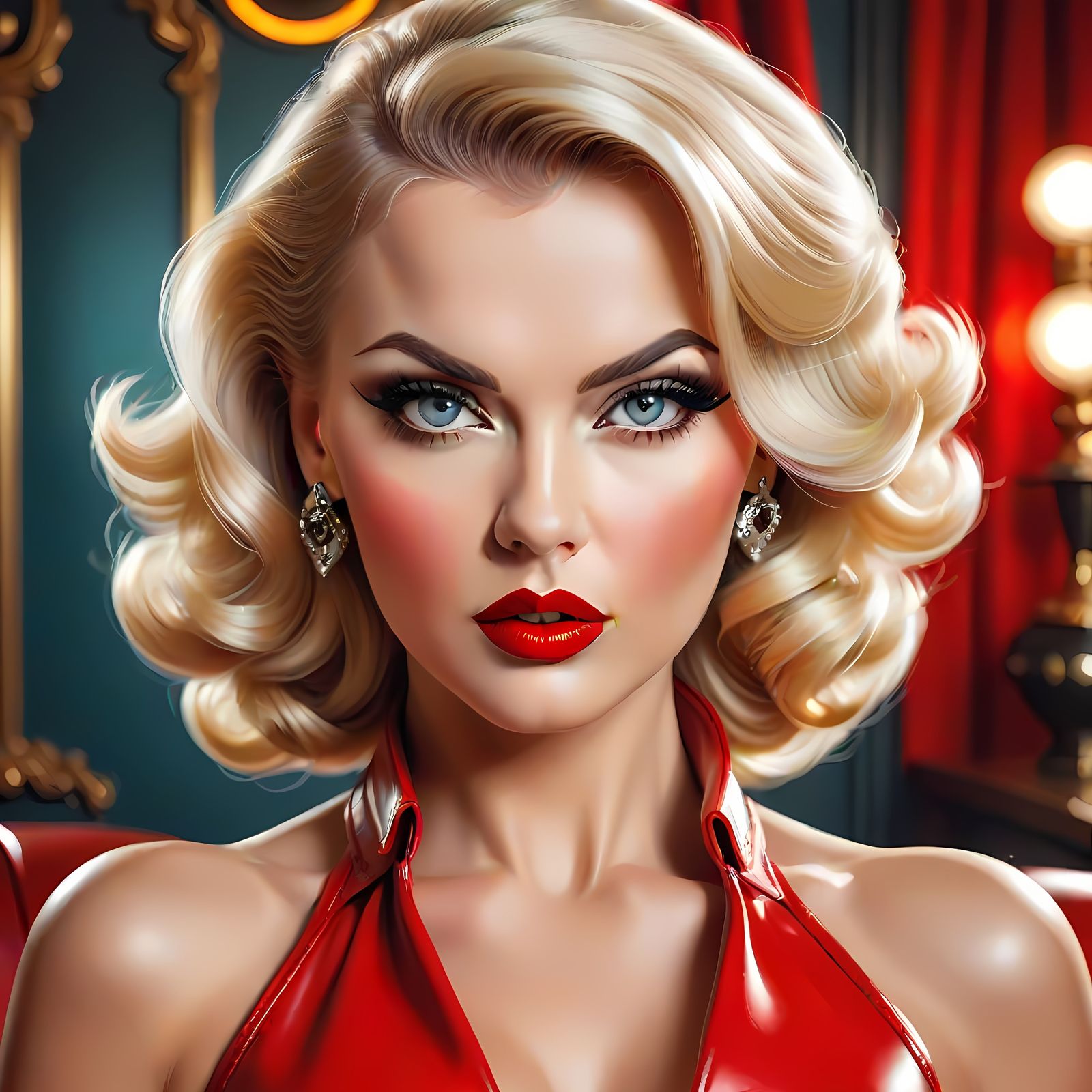 Red Leather Pin-Up Queen in Digital Art