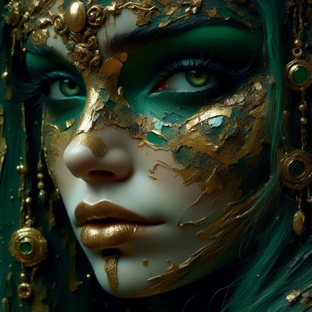 Gothic Woman's Face in Gold and Emerald