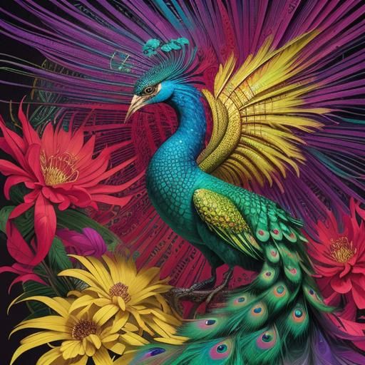 Surreal Dragon Woman with Silver Skin and Feathers