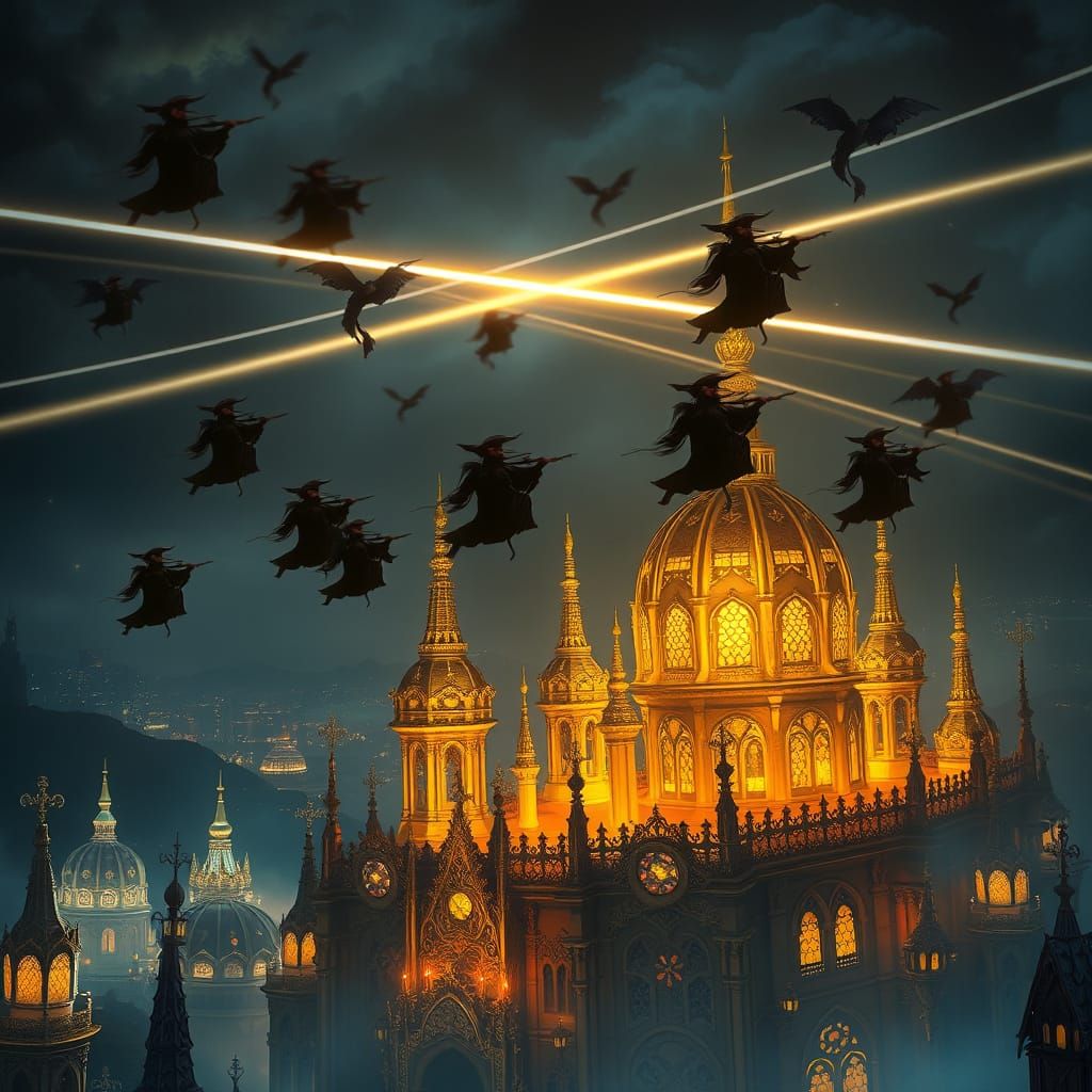 Witches Fly Over Golden City in Digital Art