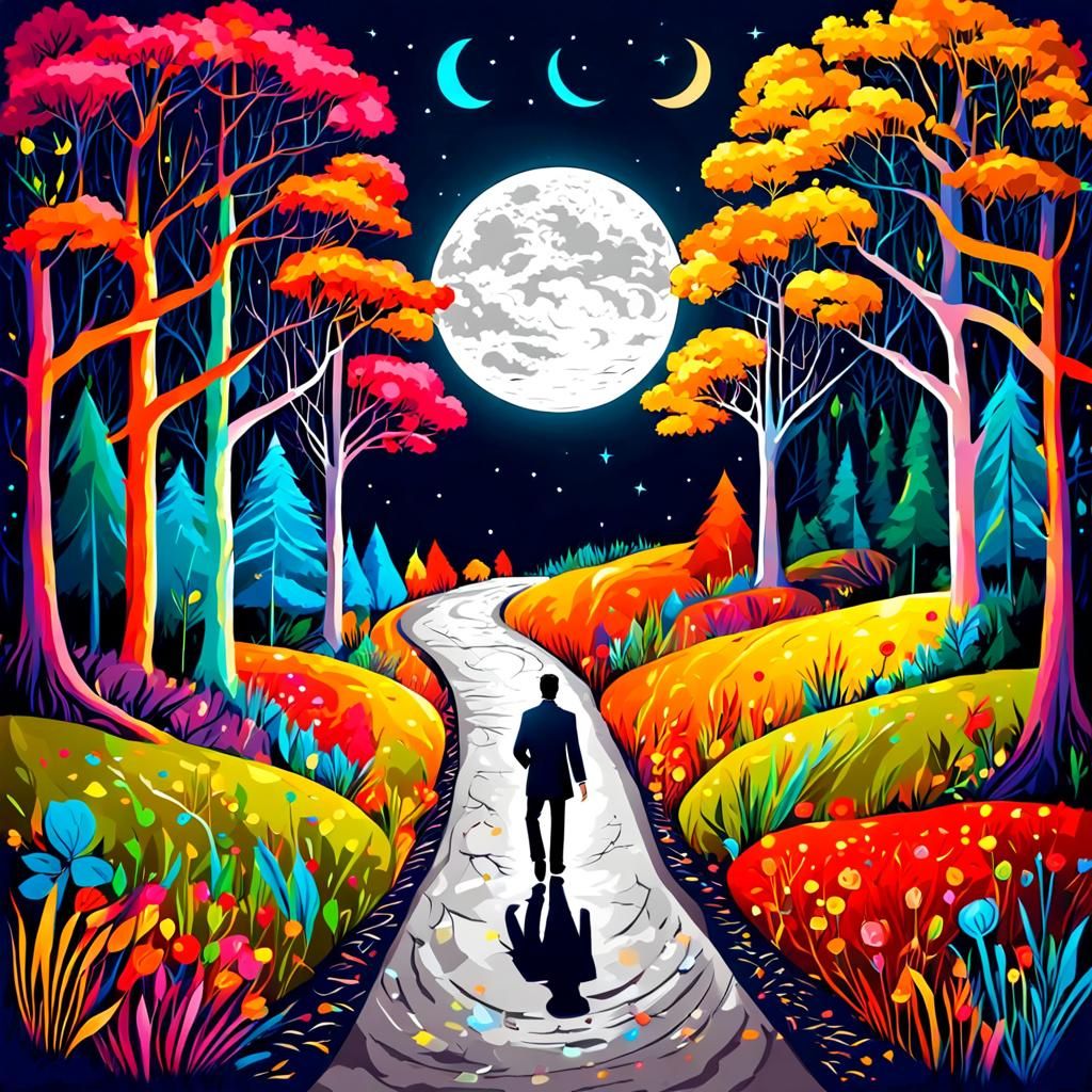 Man Walks Crossroads Path in Magical Forest