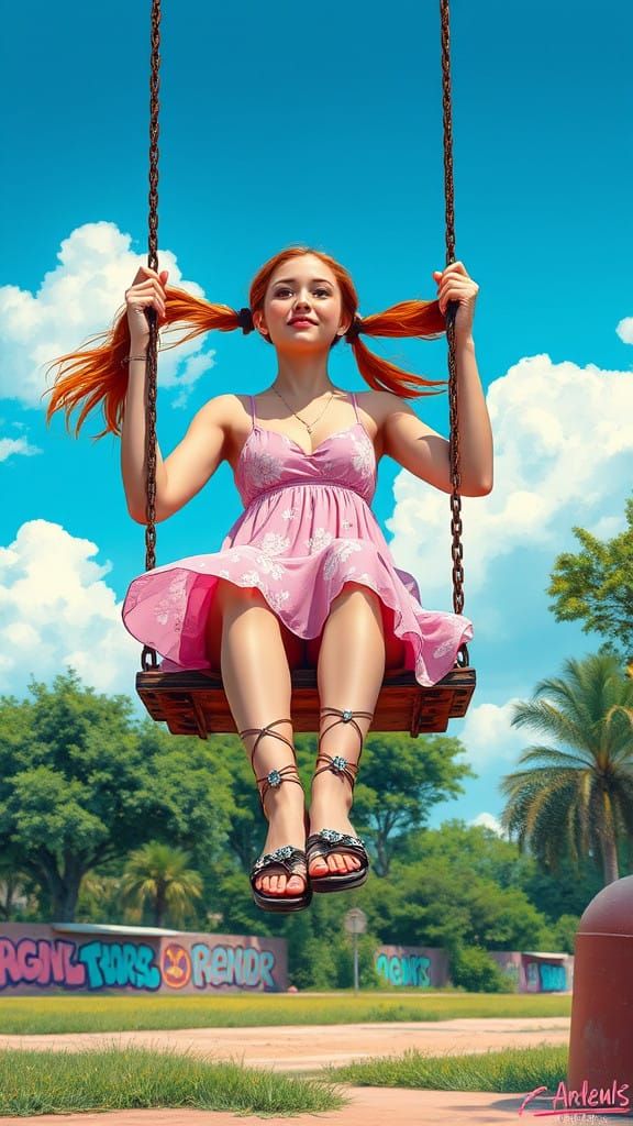 Playful Red-Haired Woman in Vibrant Street Art Style