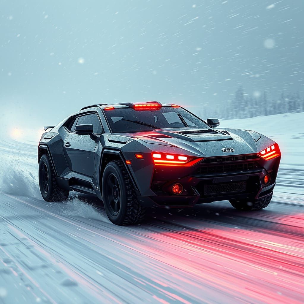 Cyberpunk Armoured Car Plunges into Futuristic Snowstorm