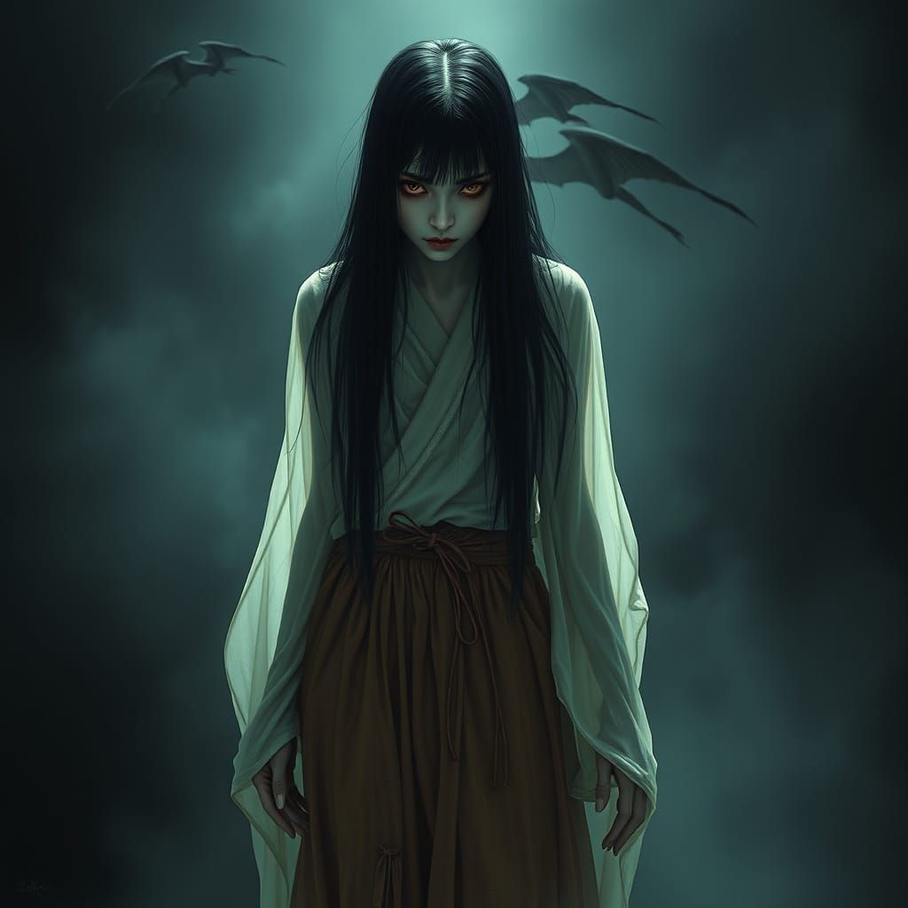 Eerie Japanese Ghost Woman in Dark Atmosphere