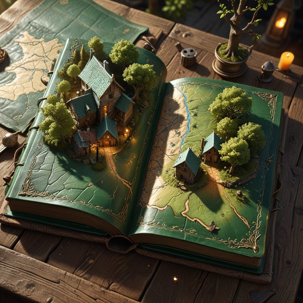 Medieval Village 3D Map Emerging from Leather Book