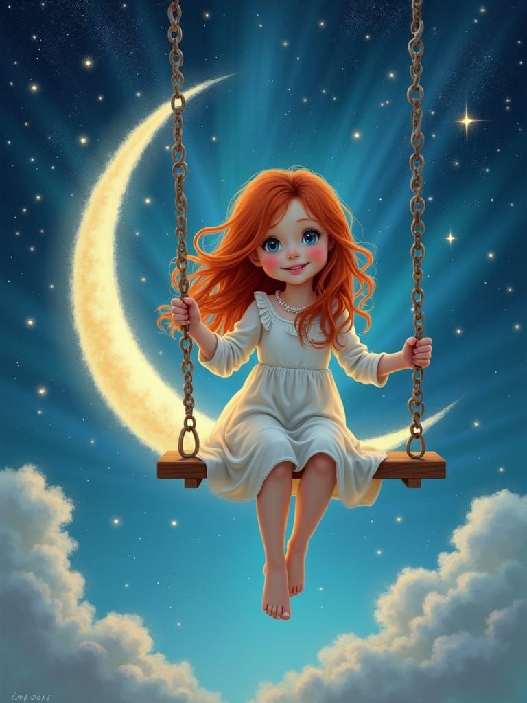 Dreamy Girl on Moon Swing Under Starry Sky