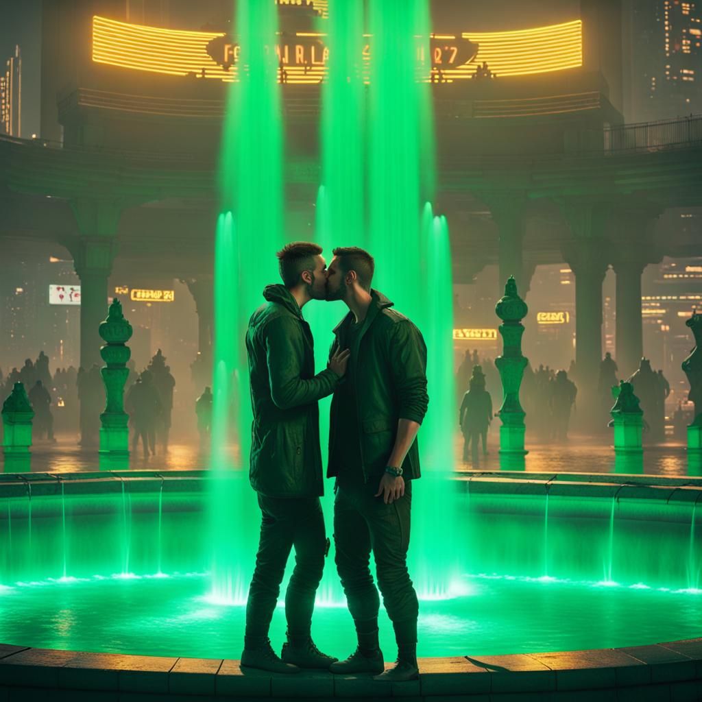 Cyberpunk Fountain with Kissing Figures