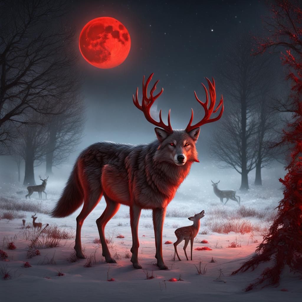 Wolf Howling at Blood Moon in Snowy Landscape