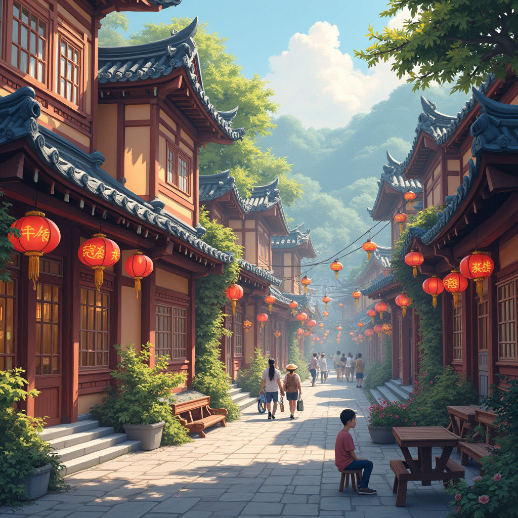 Children Playing by Stream in Chinese Painting Style