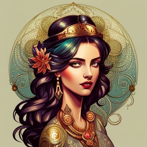 Steampunk Persian Queen with Golden Outlines