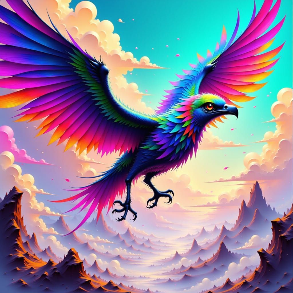 Colossal Bird God Soaring with Rainbow Feathers