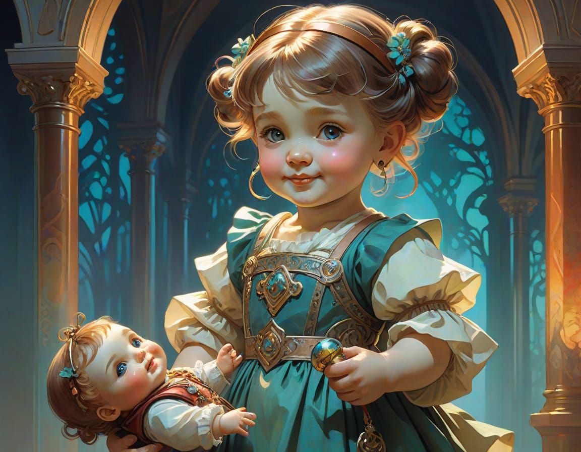 Cute Baby Girl Holding Doll in Whimsical Watercolor Style