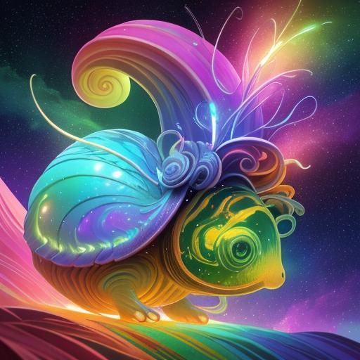 Cosmic Rainbow Snail in Dreamlike Nebula Environment