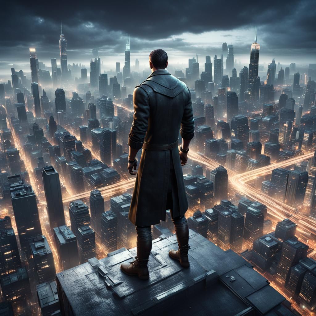 Giant Man Overlooking City: 3D Game Cinematic