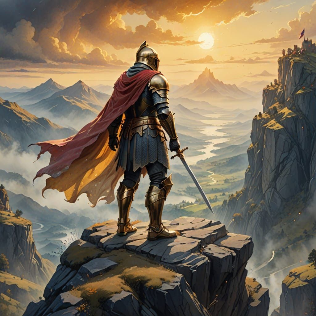 Heroic Knight Stands on Cliff in Watercolor Style