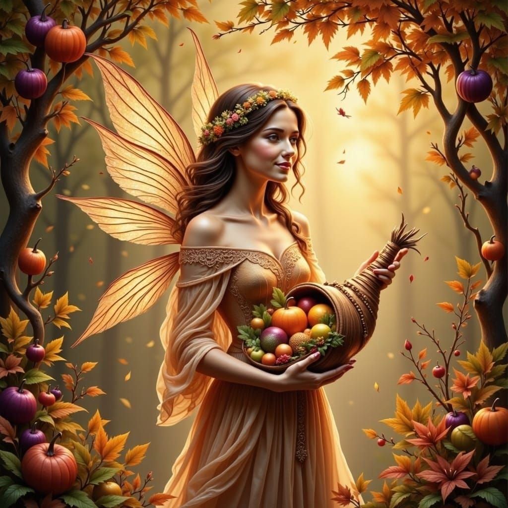 Thanksgiving Fairy with Cornucopia in Fantasy Art Style