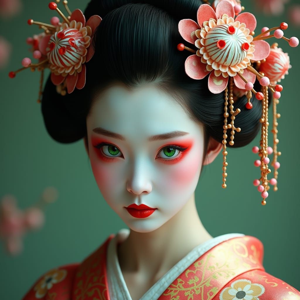 Green-Eyed Geisha Portrait in Jewel Tones
