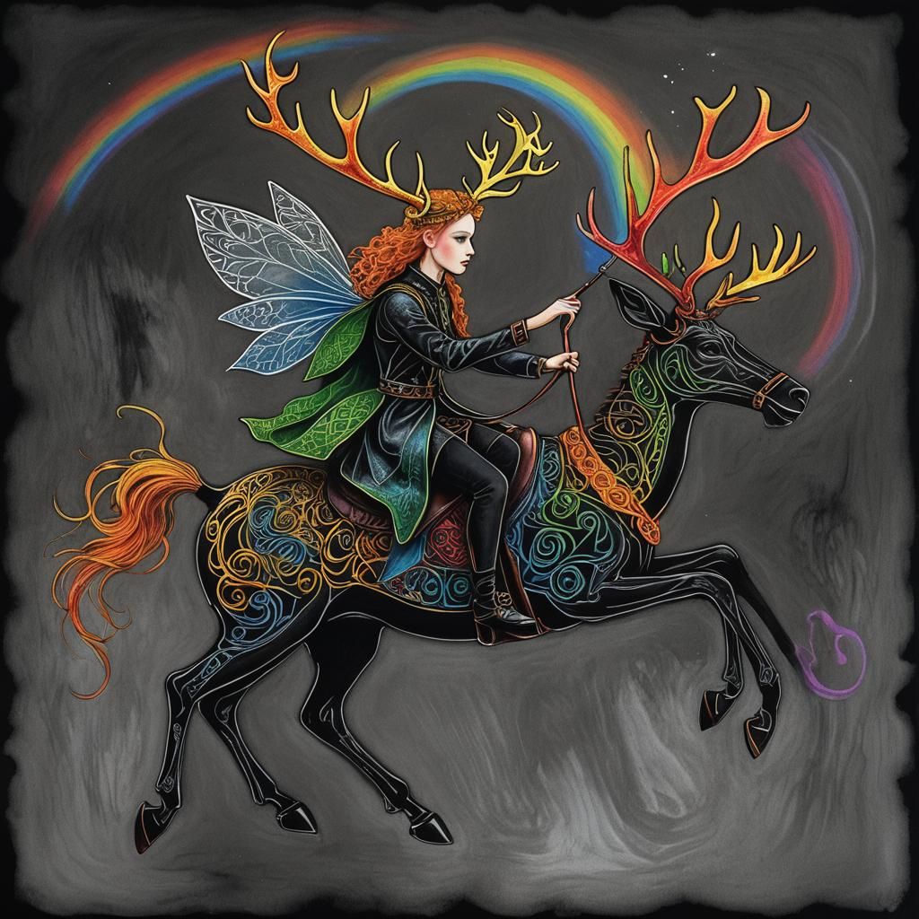 Goth Fairy on Reindeer: Surreal Child's Drawing