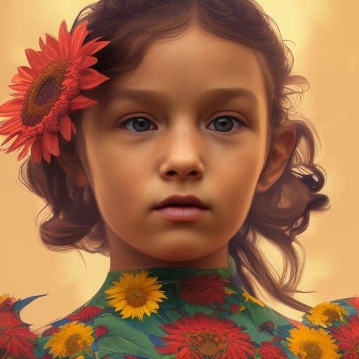 Girl in Aztec Sunflower Dress, Detailed Portrait