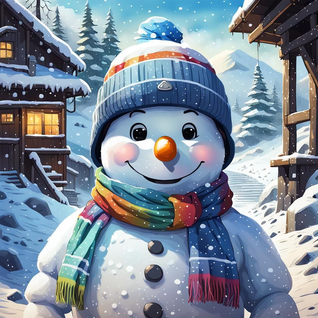 Anime Snowman Ready for Mining, Ghibli Style