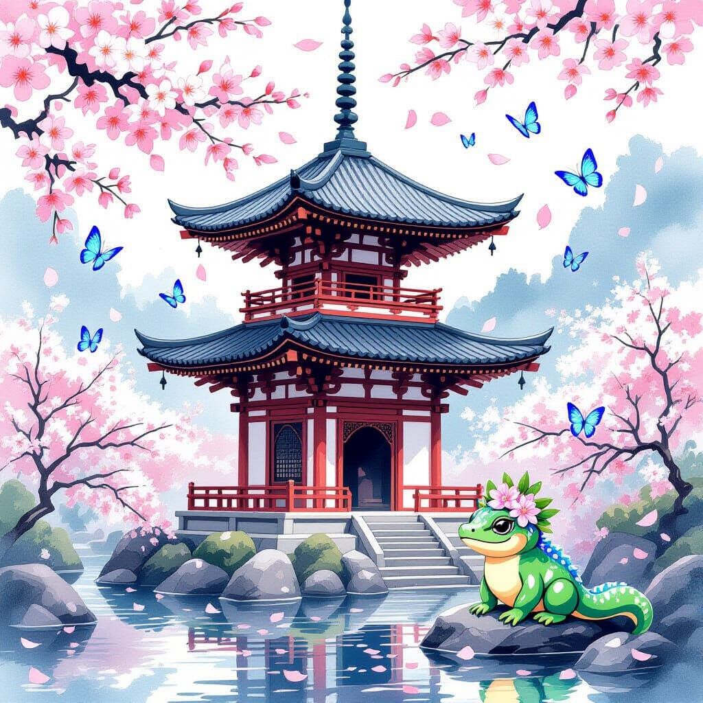 Pagoda with Kappa and Butterflies in Yamato-e Style
