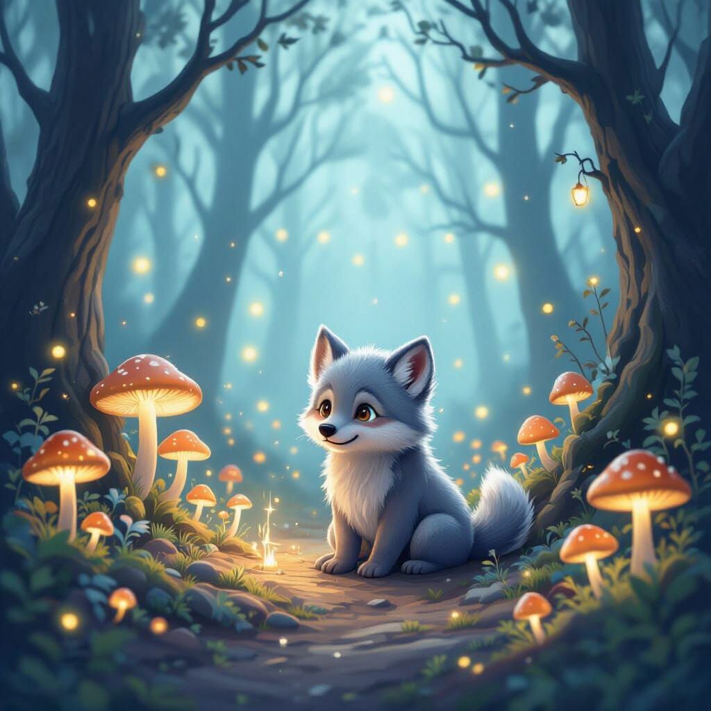 Lost Wolf Cub in Enchanting Bioluminescent Forest